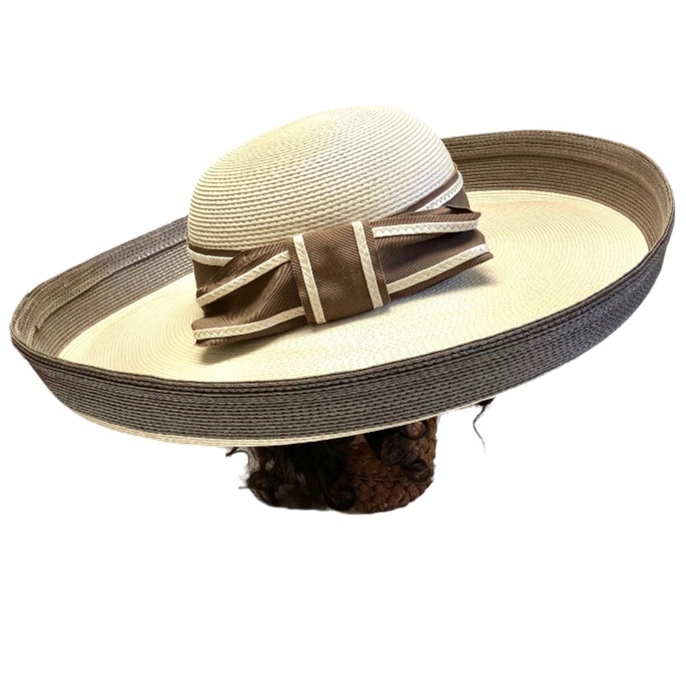 6" Wide Brim Straw Hat Vintage Sylvia Millinery Large Rolled Brim Boater